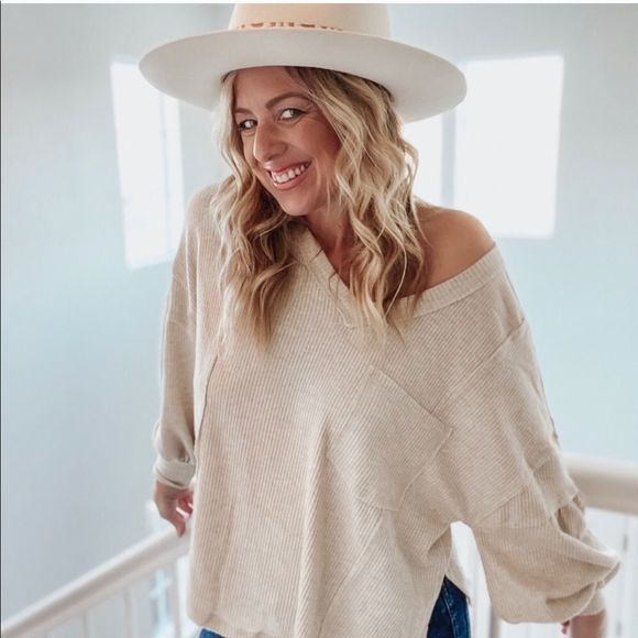 New Draping Ribbed Beige Bell Sleeve Henley Shirt Small - Picture 10 of 16